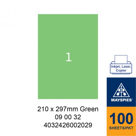 MAYSPIES 09 00 32 LABEL FOR INKJET / LASER / COPIER 100 SHEETS/PKT GREEN 210 X 297MM